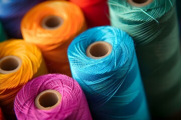 Closeup of colorful sewing thread spools ideal for textile industry or fashion. Concept Textile Industry, Sewing Threads, Colorful Spools, Fashion Accessories, Closeup Photography