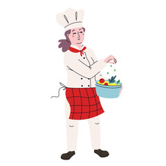 Female chef making salad. Character in doodle style.