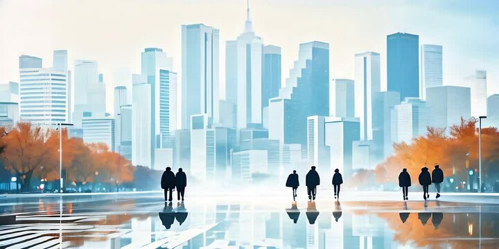 city skyline with people walking timelapse fast moving business walk 