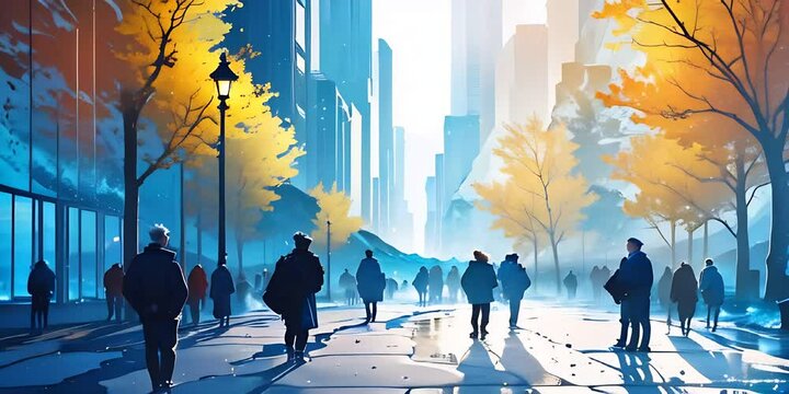 people walking in the park city fast moving business finance banner header website blue, yellow and orange