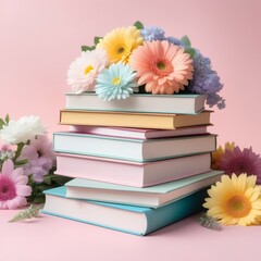 book pile and peony flowers on top isolated on white background, world teacher's day concept, back to school concept
