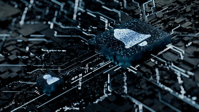 Alert Technology Concept with bell symbol on a Microchip. White Neon Data flows between the CPU and the User across a Futuristic Motherboard. 3D render.