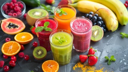 Glass cups filled with blended fruit juices surrounded by a selection of fresh fruits, inviting a healthy indulgence