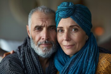 A loving middle-aged couple posing in a warm embrace, displaying timeless affection and connection