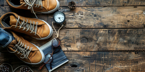 A pair of brown shoes with a white laces and a pair of glasses on a wooden table - obrazy, fototapety, plakaty