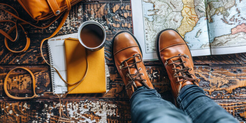 A person is standing in front of a map and a cup of coffee. The person is wearing brown boots and jeans. The scene is set on a wooden floor - obrazy, fototapety, plakaty