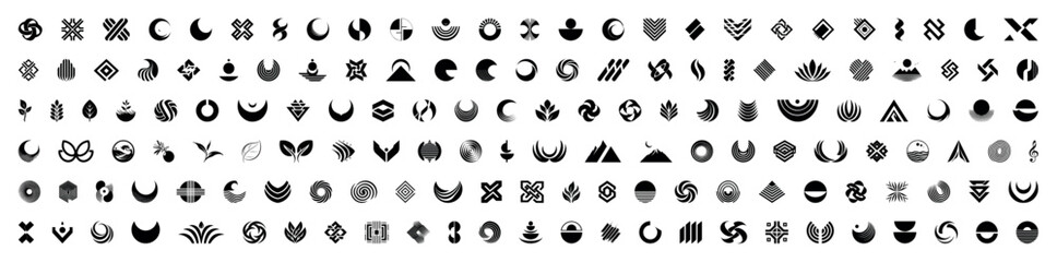 Mega set of simple minimal flat geometrical logo icons. Geometric brutalism shapes collection. Y2K retro elements. Vector Signs. Geometric shapes silhouette. Abstract geometric brutalist elements.