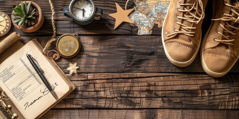 A wooden table with a pen, a pair of shoes, a clock, and a map. The table is cluttered with various items, giving it a sense of disorganization and chaos - obrazy, fototapety, plakaty