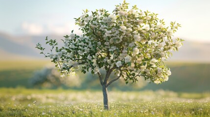 Single apple tree in full bloom, isolated against a soft, blurred backdrop