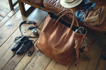 Brown leather bag placed on a wooden floor, suitable for various lifestyle and fashion themes