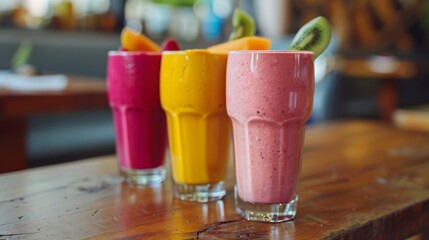 Glasses of vibrant fruit smoothies placed on a wooden table, offering a feast for both the eyes and the palate