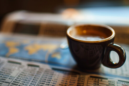 Zoomed-in image of a world economic newspaper focusing on major stock exchanges, coffee cup beside