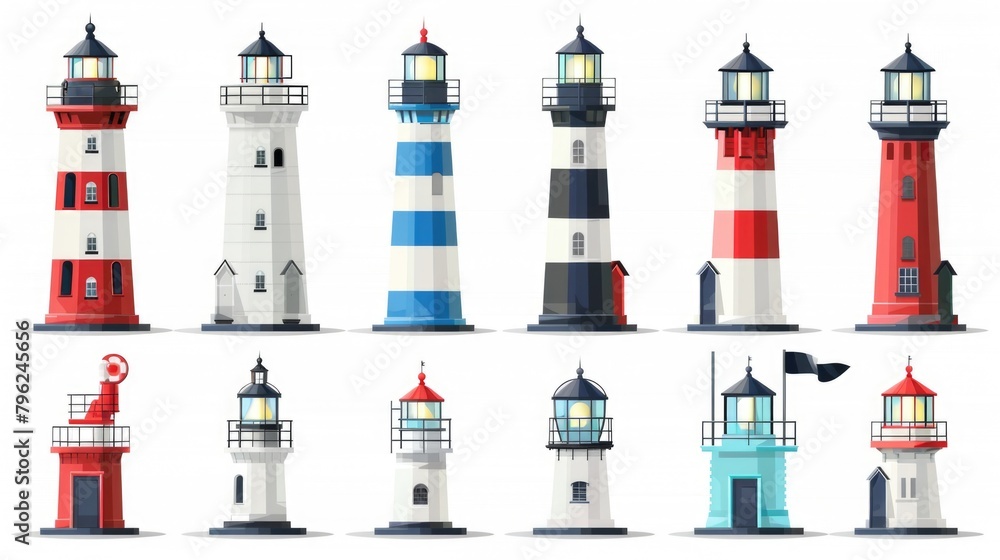 Poster a set of lighthouses with different colors and sizes. suitable for travel and navigation concepts