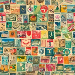 A tessellation of vintage postage stamps and travel stickers, evoking a sense of wanderlust and the joy of exploration