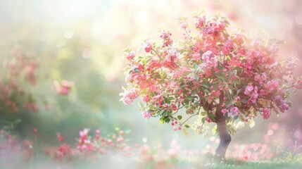 Single apple tree in full bloom, isolated against a soft, blurred backdrop