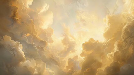 Ascension's Glow: Fluffy White Clouds with Soft Golden Radiance