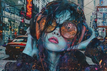 A woman wearing headphones and sunglasses walking on a city street. Suitable for urban lifestyle concepts