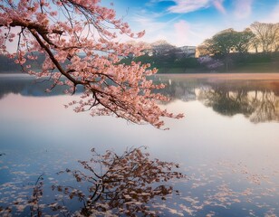 A scene where a lone sakura branch laden with blossoms overhangs a still, clear pond. The pond reflects the delicate pink blossoms and pale blue sky above
