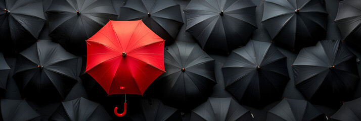 A red umbrella is the only one in a group of bla,
Free vector colorful realistic umbrella composition with umbrellas open one red in the midst of a crowd of white vector illustration
