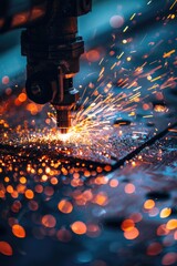 A close up view of a machine cutting metal with sparks. Perfect for industrial and manufacturing concepts