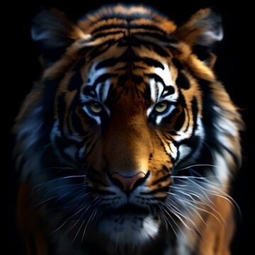 AI-created image of a tiger's face, showcasing detailed fur texture and captivating eyes in high contrast. Generative AI
