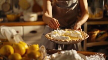 A woman is seen in a kitchen preparing a pie. Perfect for cooking or baking concepts