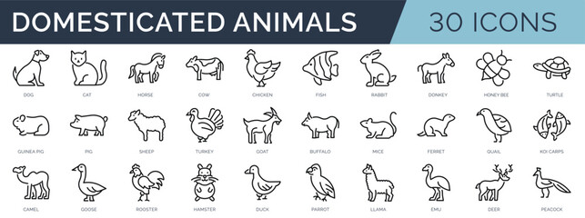 Set of 30 outline icons related to domesticated animals. Linear icon collection. Editable stroke. Vector illustration