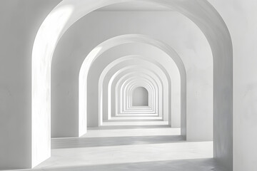 Minimalist White Arched Hallway with Sunlight and Shadows