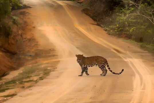 A majestic leopard crosses a deserted road amidst a lush wilderness, embodying the essence of wildlife. Generative AI
