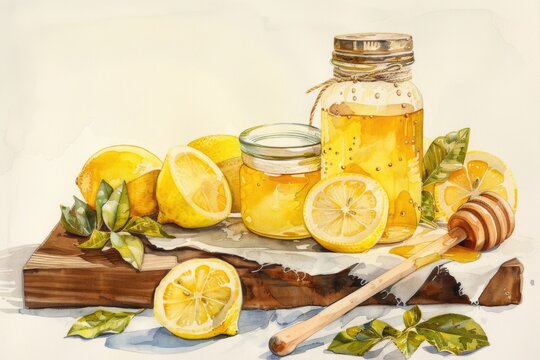 A painting of lemons and honey on a table. Suitable for food and beverage concepts