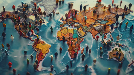 A 3D map of the world with miniature figures representing human population distribution across different continents and countries, World Population Day, save the world. - obrazy, fototapety, plakaty