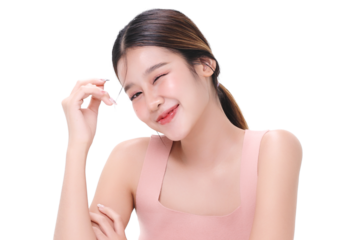 Portrait young Asian beautiful woman with K-beauty make up style and healthy and perfect skin for skincare commercial product advertising transparent background, PNG file format.