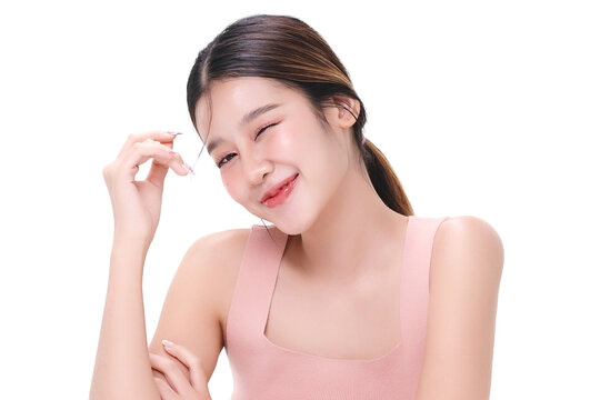 Portrait young Asian beautiful woman with K-beauty make up style and healthy and perfect skin for skincare commercial product advertising transparent background, PNG file format.