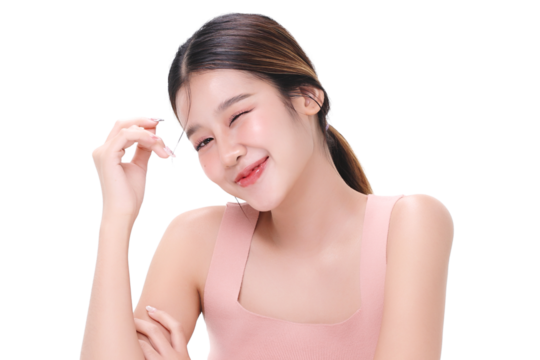 Portrait young Asian beautiful woman with K-beauty make up style and healthy and perfect skin for skincare commercial product advertising transparent background, PNG file format.
