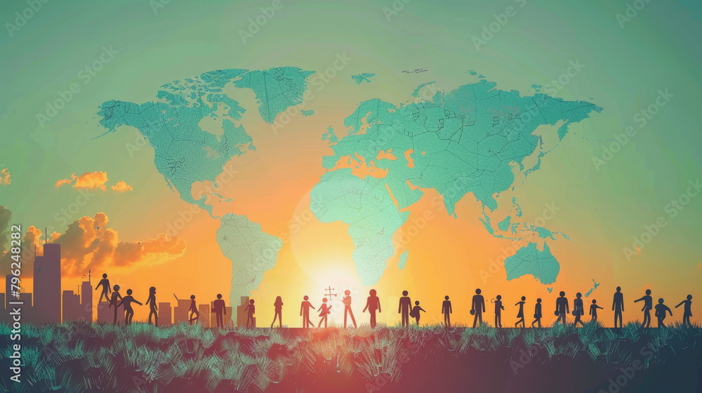 Wall mural Silhouettes of diverse people against a sunset backdrop with a world map, symbolizing global unity and human progress, World Population Day, save the world. - Wall murals