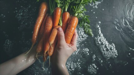 Hands holding a bunch of freshly washed carrots, showcasing the simple yet essential act of food preparation - obrazy, fototapety, plakaty