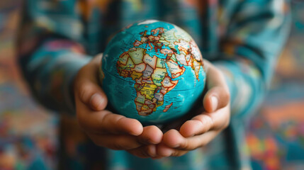 Person holding a small globe with a map printed on it, symbolizing care or responsibility for the Earth., save the world.