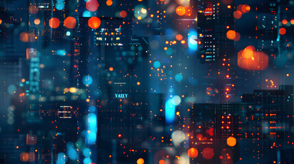 This vibrant image captures an abstract view of city lights and skyscrapers at night, portraying a...