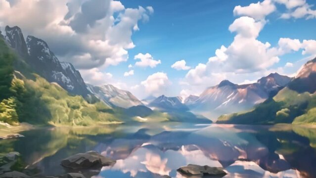 video Beautiful lake view with clear sky and green mountains