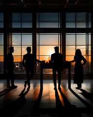 Business Meeting mit 4 Personen an einem Tisch - Große Fenster mit Aussicht über die Stadt bei Sonnenuntergang - Coaching - AI generiert