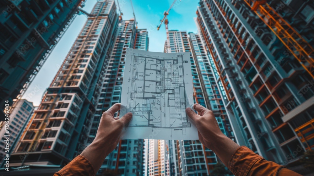Poster Hands holding architectural blueprints with a backdrop of towering skyscrapers under construction