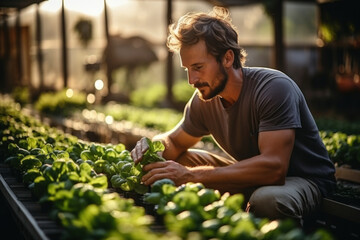 Side view of young, happy man, a gardener, is growing lettuce in a greenhouse - Powered by Adobe