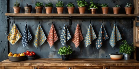 In a vintage rustic kitchen, a variety of towels hang alongside pots of plants, adding charm and functionality.