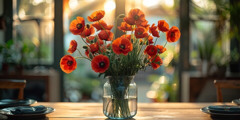 In a dining room, a glass jar holds a vibrant poppy bouquet, evoking the beauty of a summer meadow.