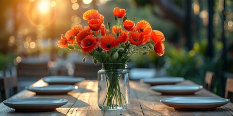On a patio adorned with blooming flowers, a rustic table setting features a vibrant bouquet of poppies..