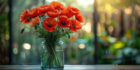 A vibrant red poppy bouquet brightens a glass jar against a backdrop of nature's beauty.