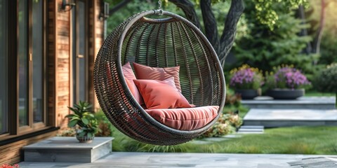 On the serene patio, a hanging rattan chair beckons relaxation amid lush greenery and modern design.