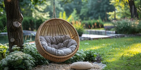 In the backyard, a modern wicker swing chair hangs from a tree, offering relaxation amid greenery.