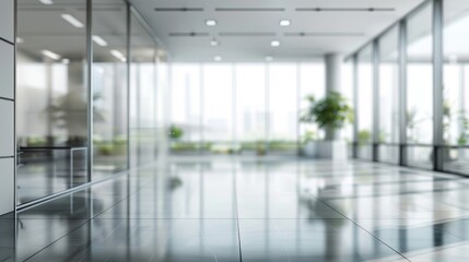 Beautiful blurred background of a modern office interior in gray tones with panoramic windows, glass partitions, and orange accents.