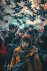 Fototapeta premium Group of people observing flock of birds, suitable for nature and wildlife themes